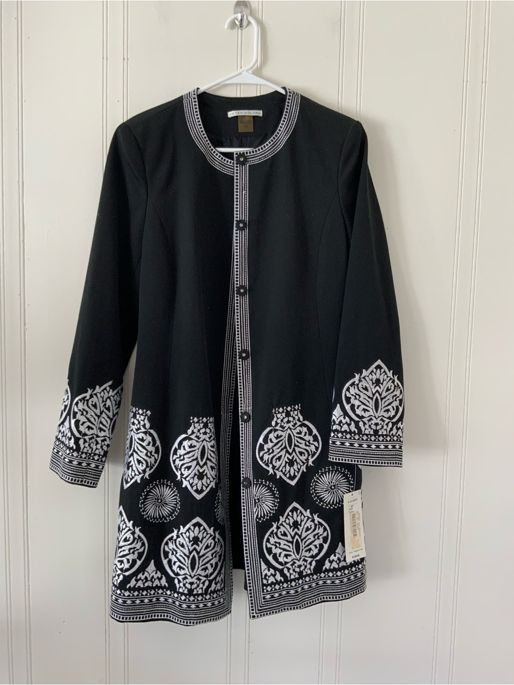Peter Nygard Black Coat with White Embroidered Borders and Motifs